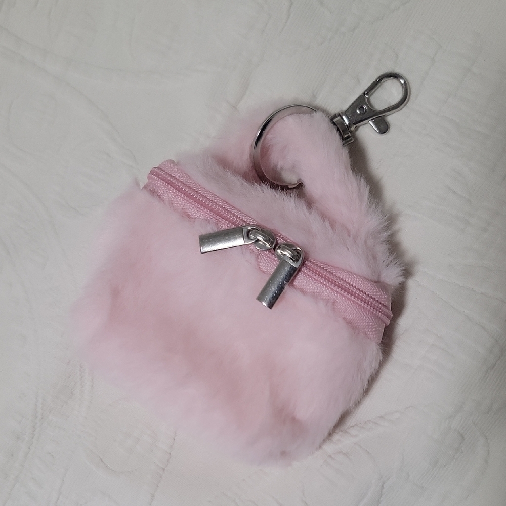 Urban Outfitter Like New Double Zipper Mini Fluffy Pink Keychain Pouch
